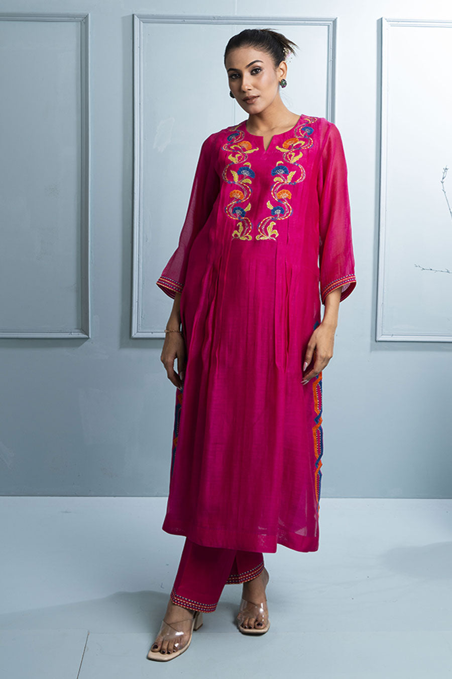 Pink & Blue Pleated Embroidered Kurta Set