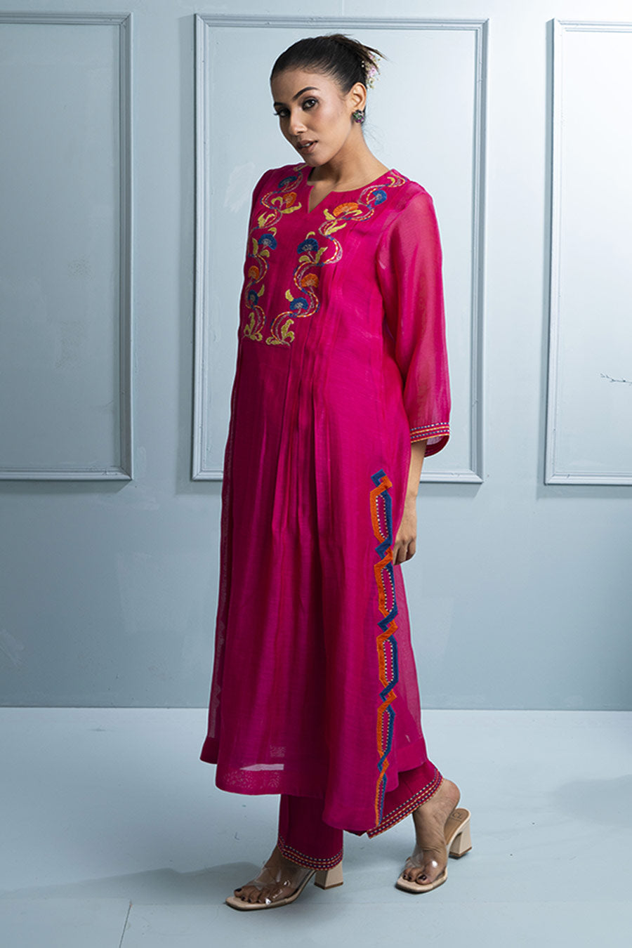 Pink & Blue Pleated Embroidered Kurta Set