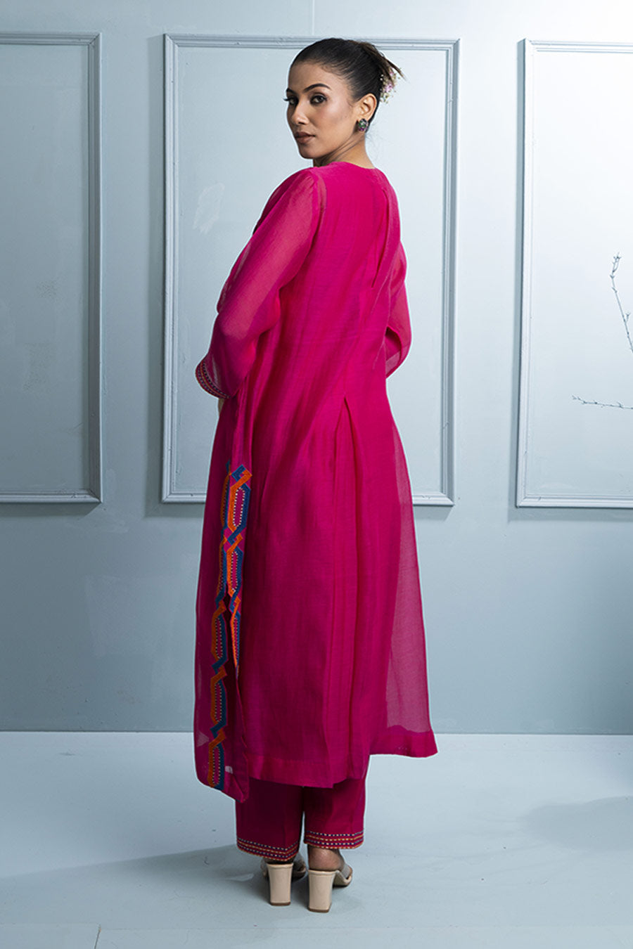 Pink & Blue Pleated Embroidered Kurta Set