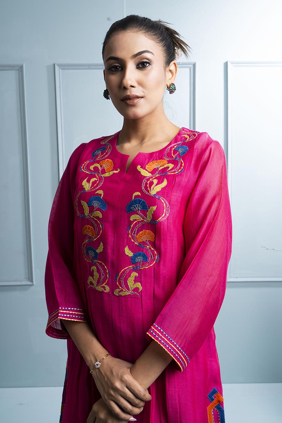 Pink & Blue Pleated Embroidered Kurta Set