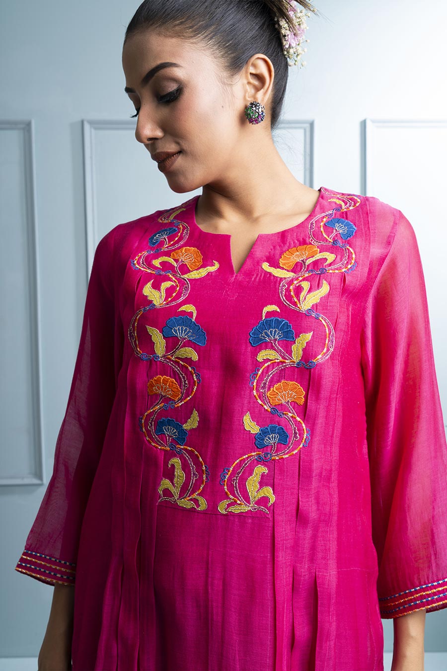 Pink & Blue Pleated Embroidered Kurta Set