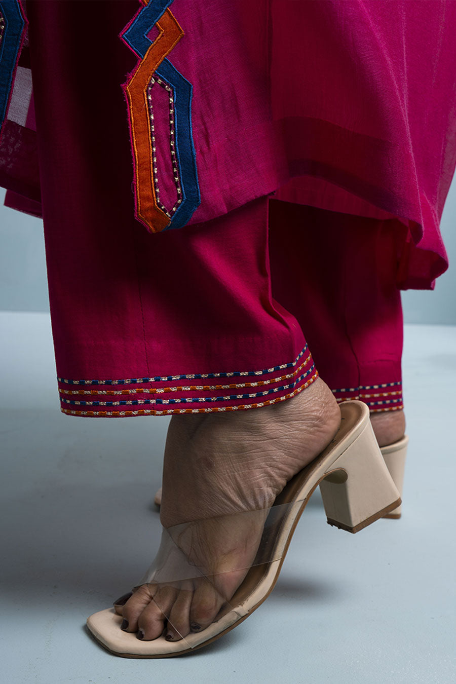 Pink & Blue Pleated Embroidered Kurta Set