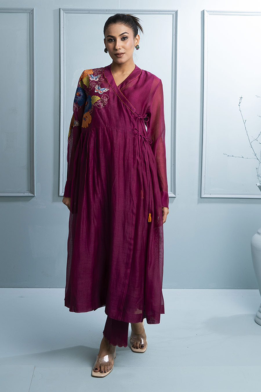 Burgundy Embroidered Angrakha Kurta & Pant Set