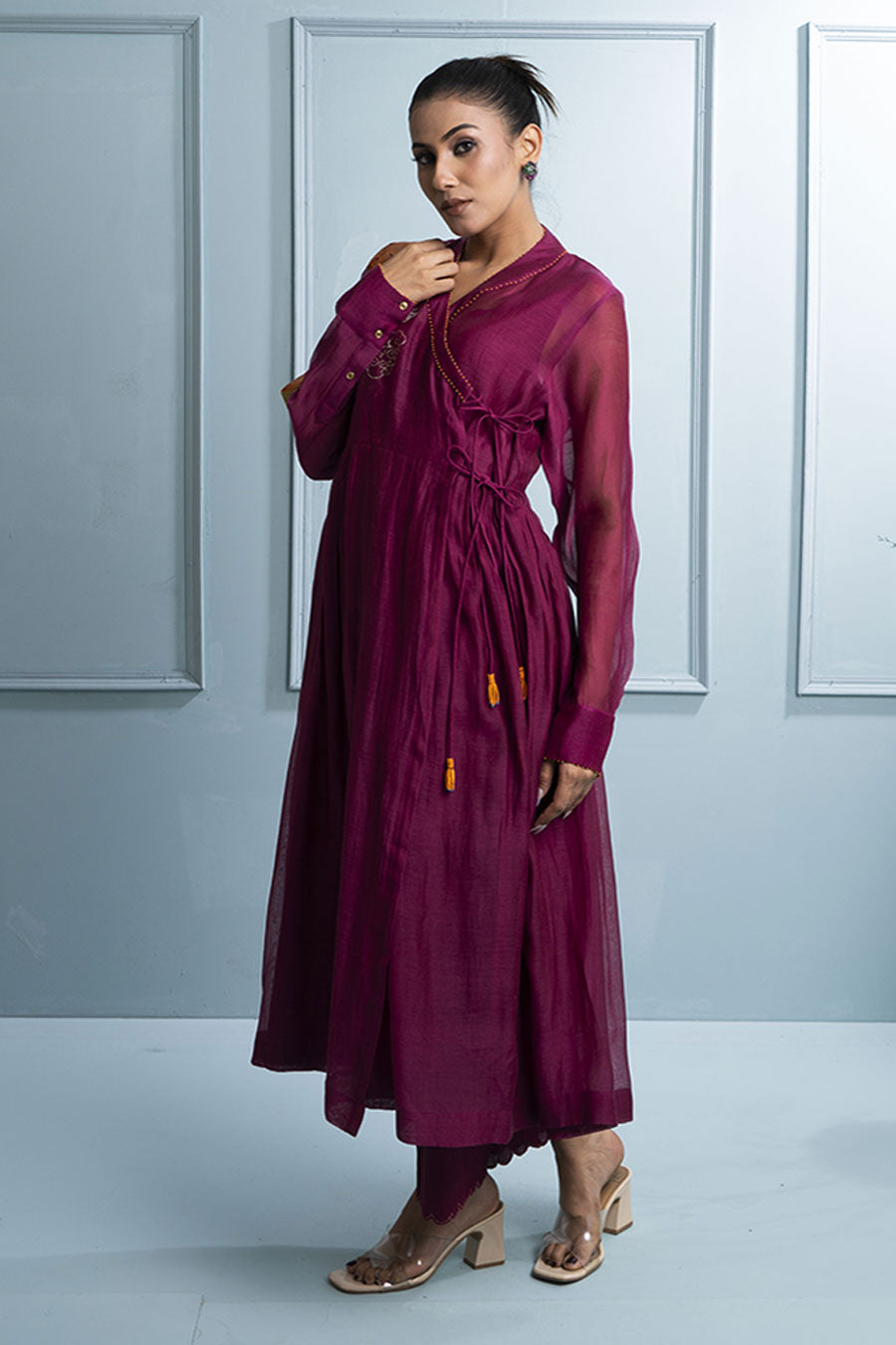 Burgundy Embroidered Angrakha Kurta & Pant Set