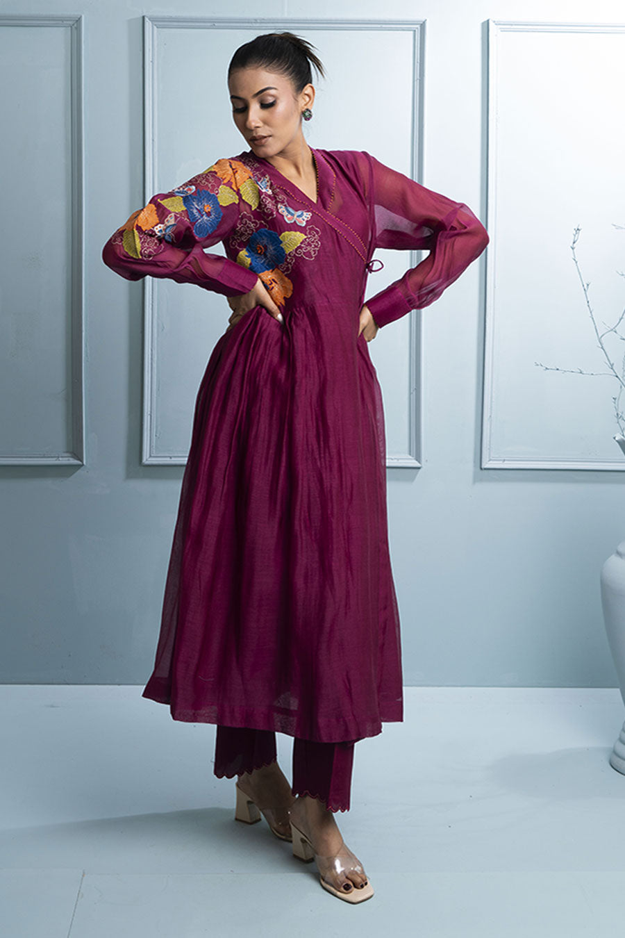 Burgundy Embroidered Angrakha Kurta & Pant Set