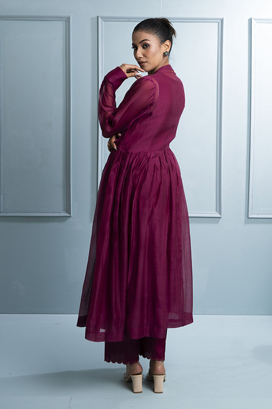 Burgundy Embroidered Angrakha Kurta & Pant Set