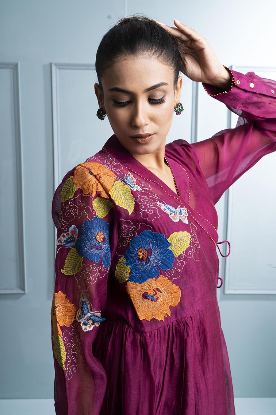 Burgundy Embroidered Angrakha Kurta & Pant Set