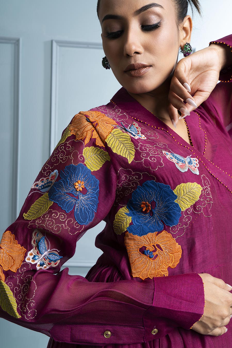 Burgundy Embroidered Angrakha Kurta & Pant Set
