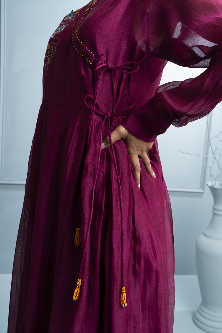 Burgundy Embroidered Angrakha Kurta & Pant Set