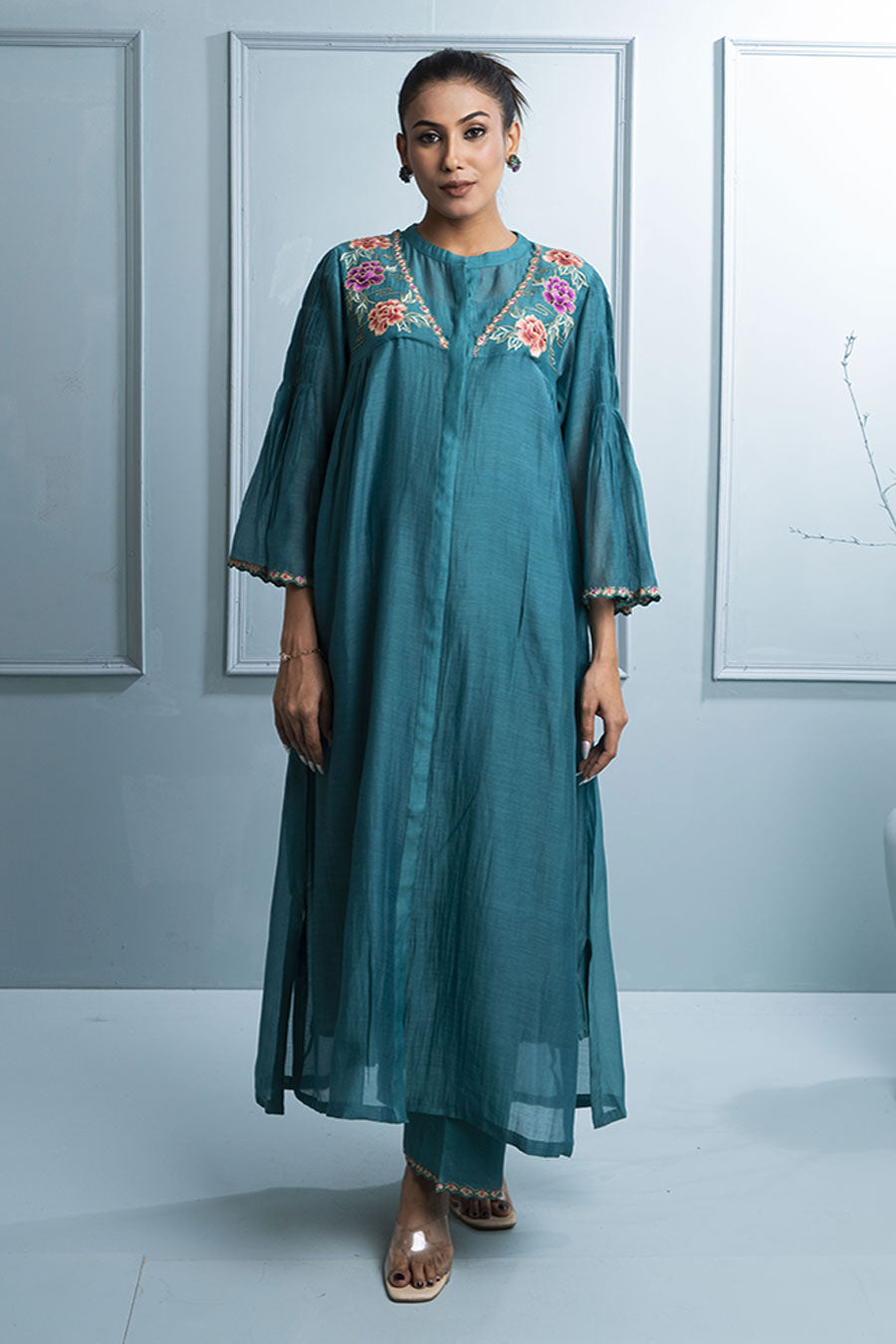 Teal Blue Pleated Embroidered Kurta & Pant Set