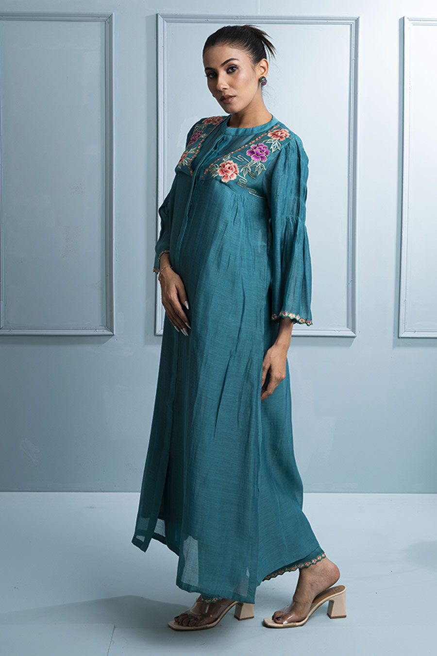 Teal Blue Pleated Embroidered Kurta & Pant Set