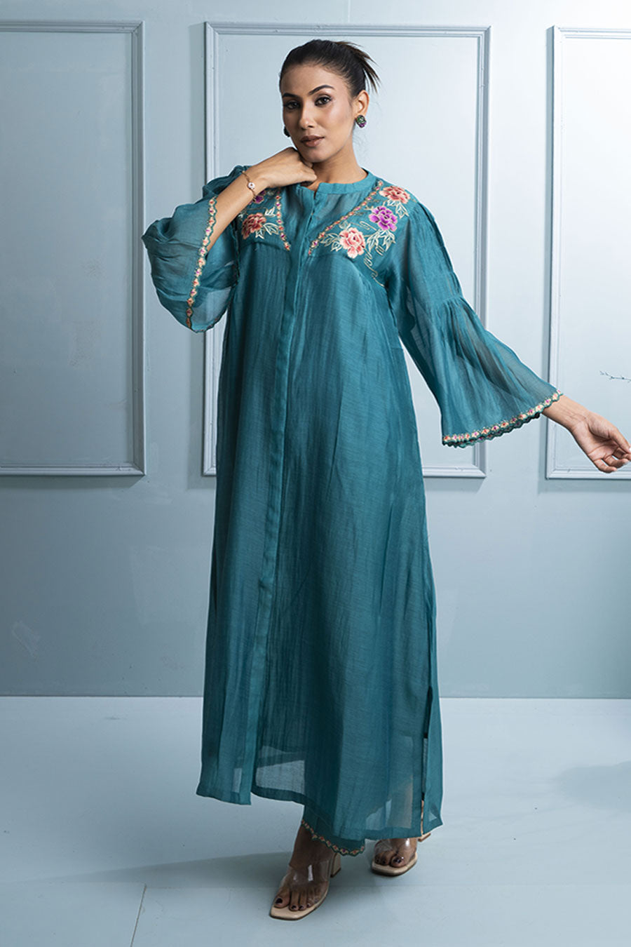 Teal Blue Pleated Embroidered Kurta & Pant Set