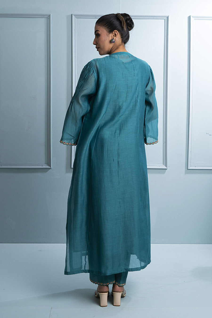 Teal Blue Pleated Embroidered Kurta & Pant Set