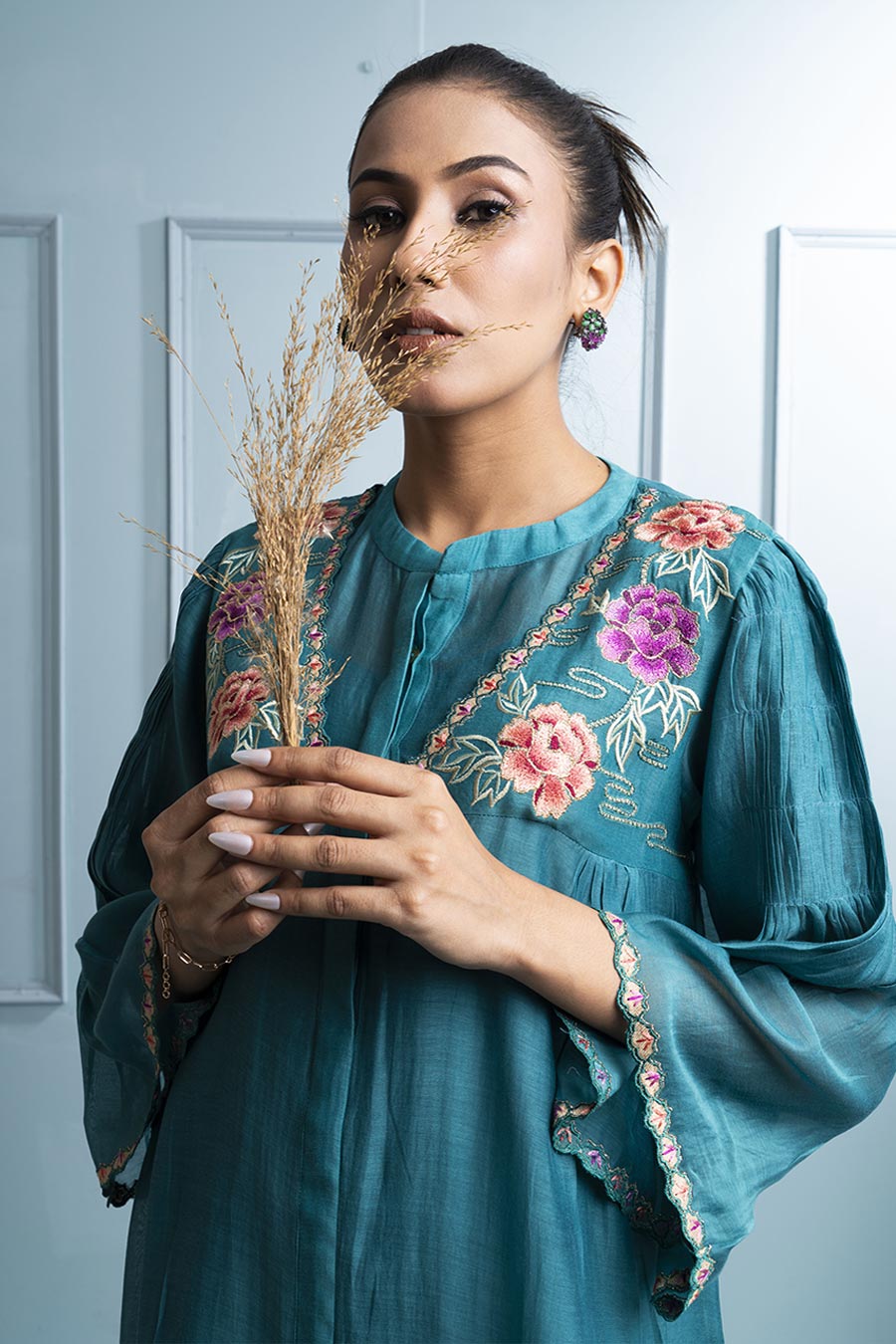 Teal Blue Pleated Embroidered Kurta & Pant Set