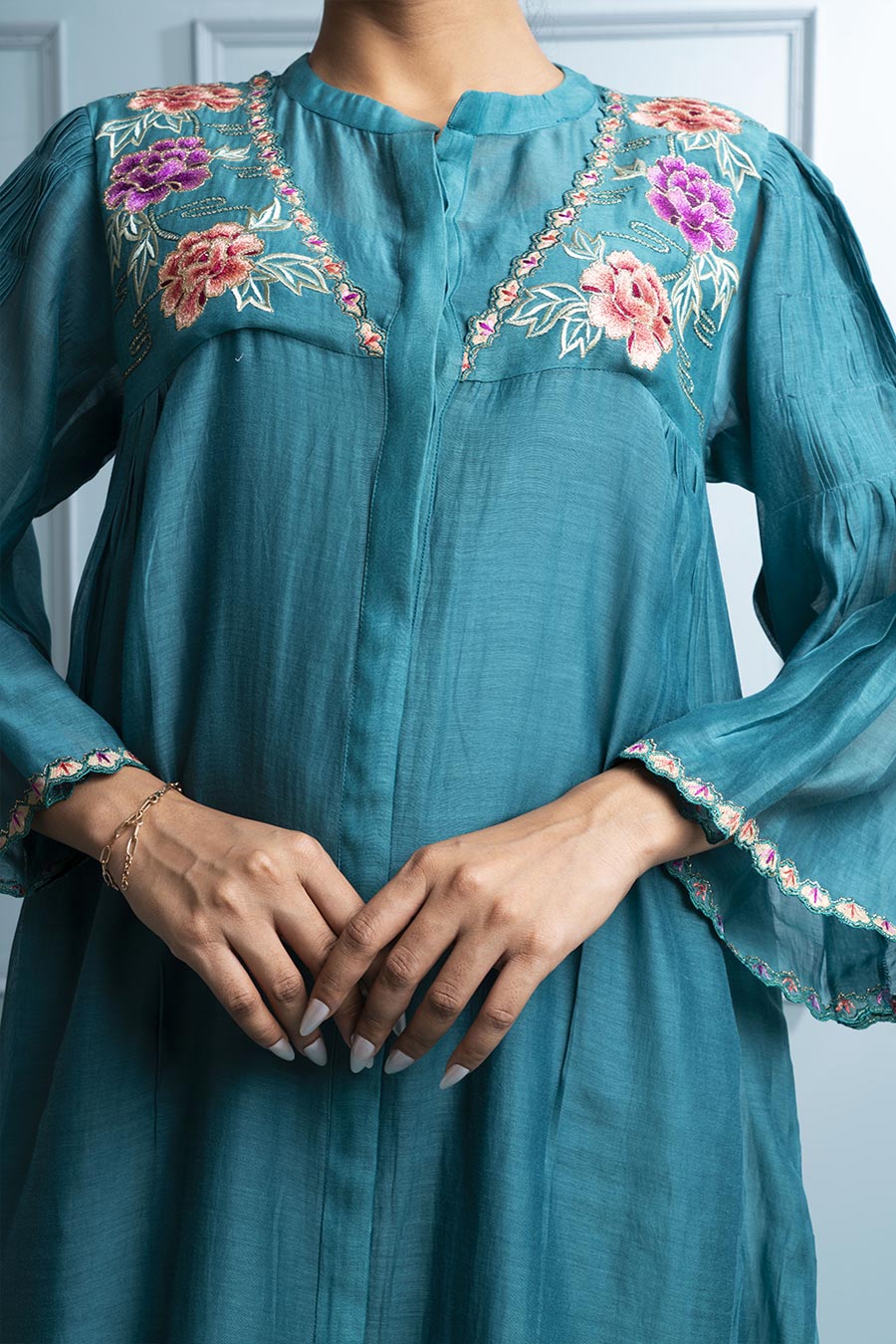 Teal Blue Pleated Embroidered Kurta & Pant Set