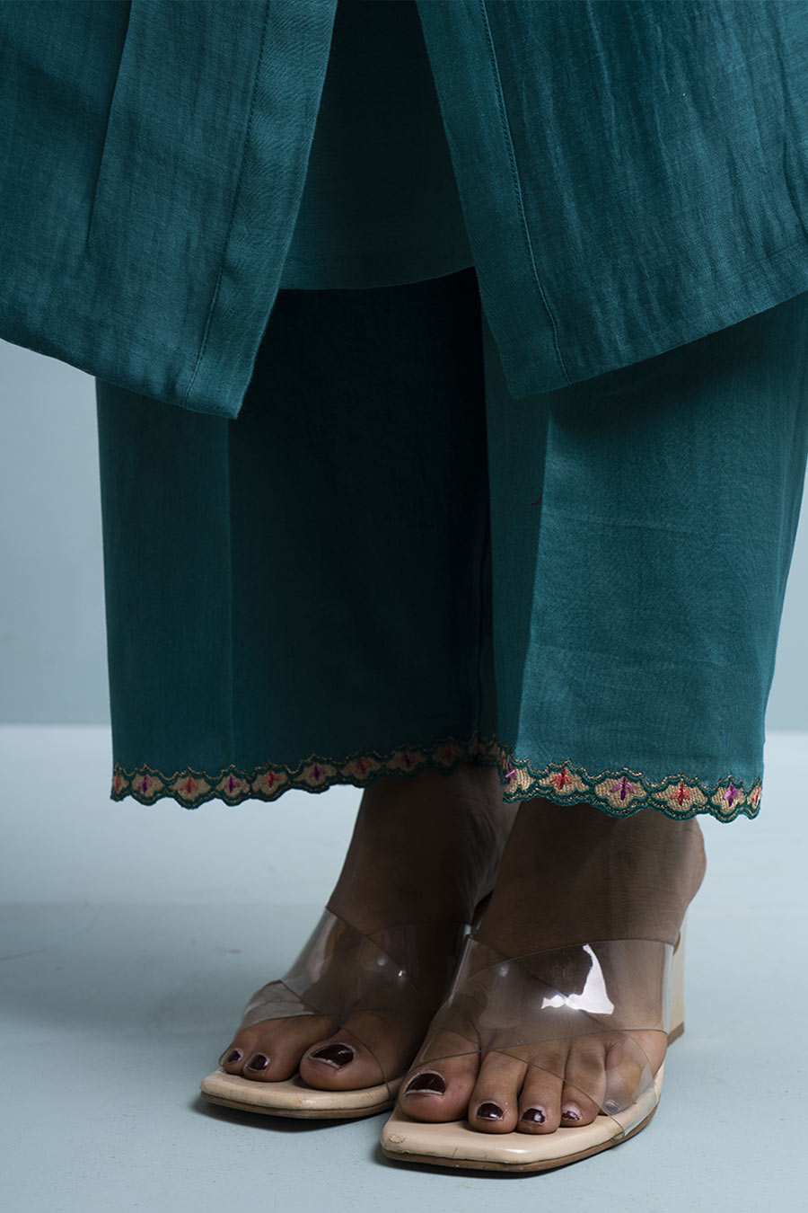 Teal Blue Pleated Embroidered Kurta & Pant Set