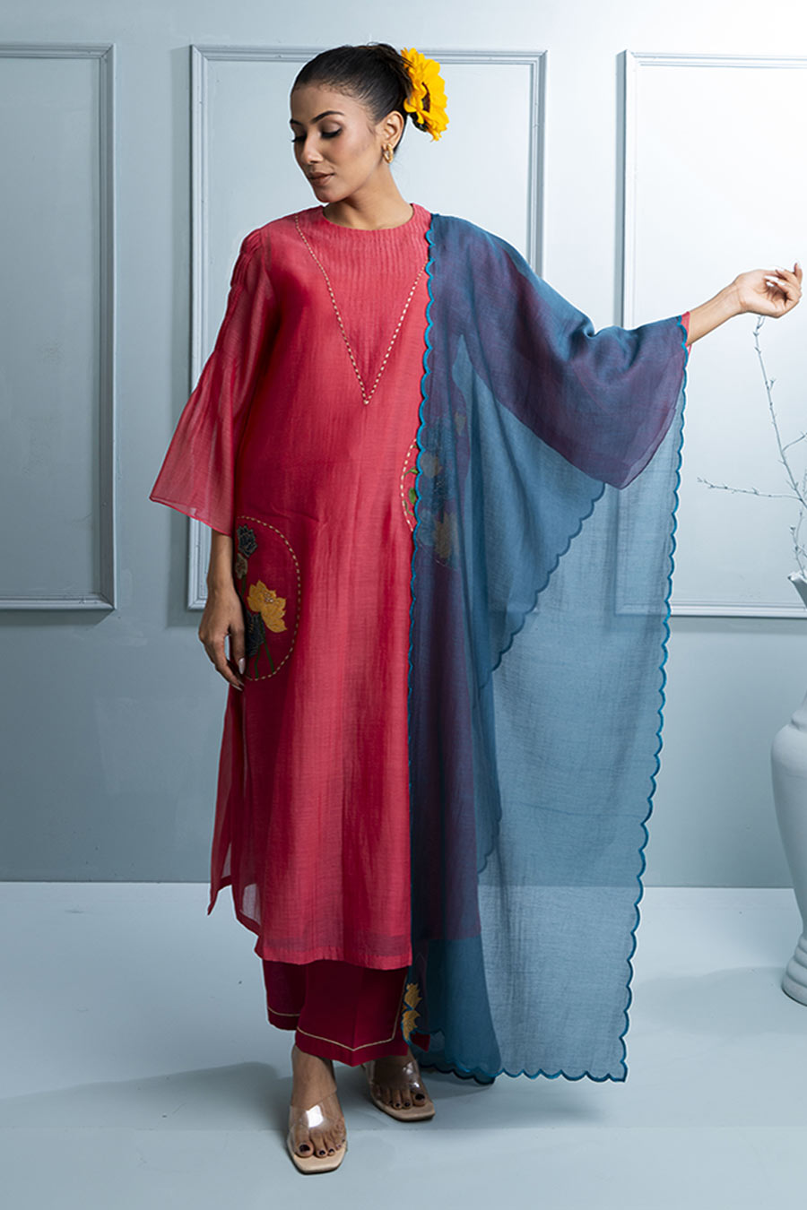 Pink & Blue Applique Embroidered Kurta Set