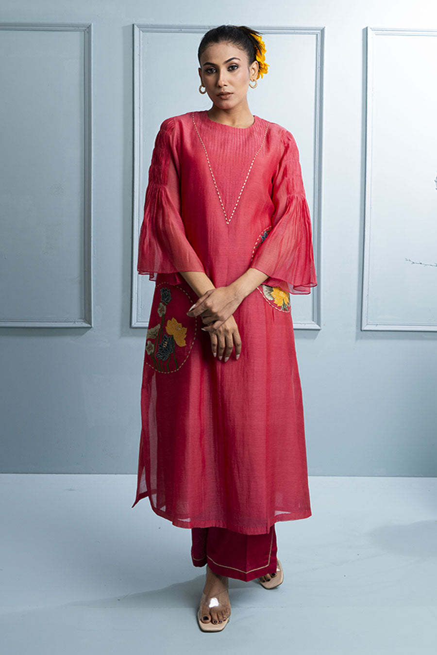 Pink & Blue Applique Embroidered Kurta Set