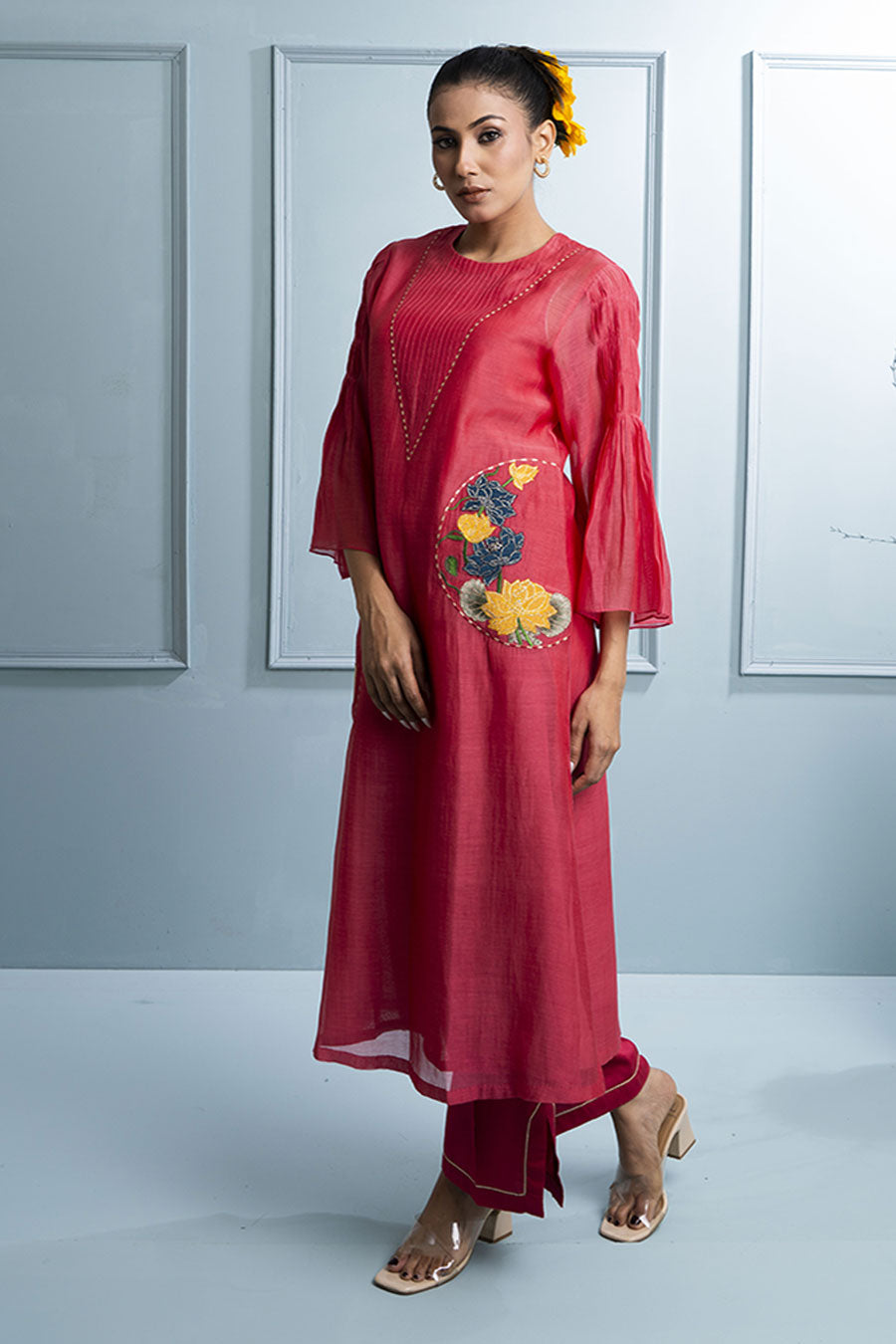 Pink & Blue Applique Embroidered Kurta Set