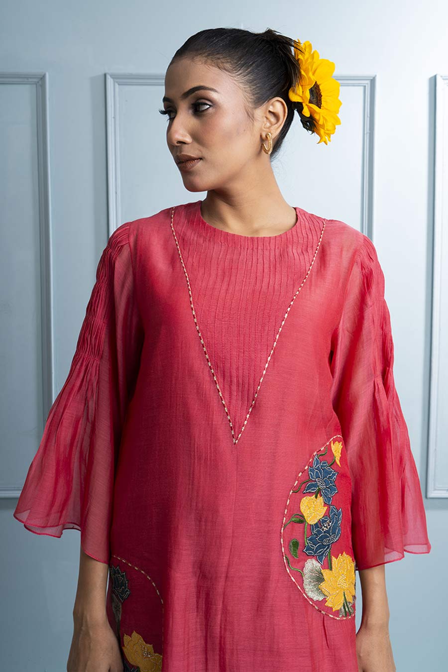 Pink & Blue Applique Embroidered Kurta Set