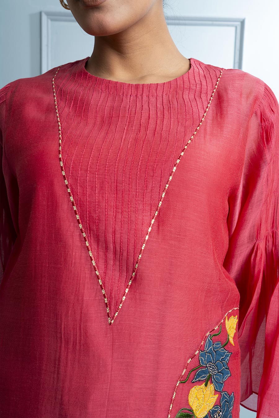 Pink & Blue Applique Embroidered Kurta Set