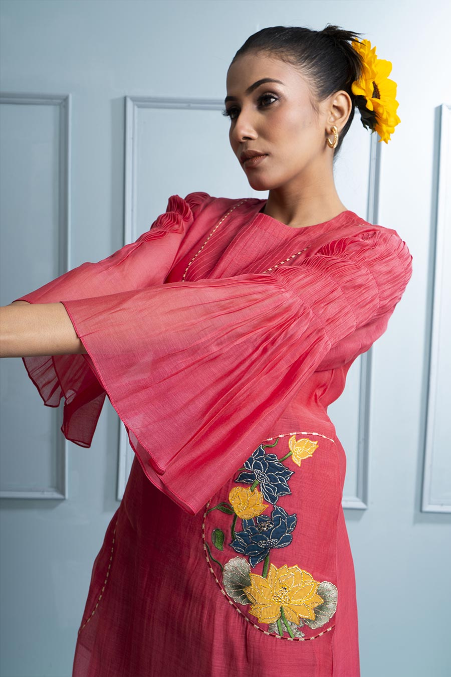 Pink & Blue Applique Embroidered Kurta Set