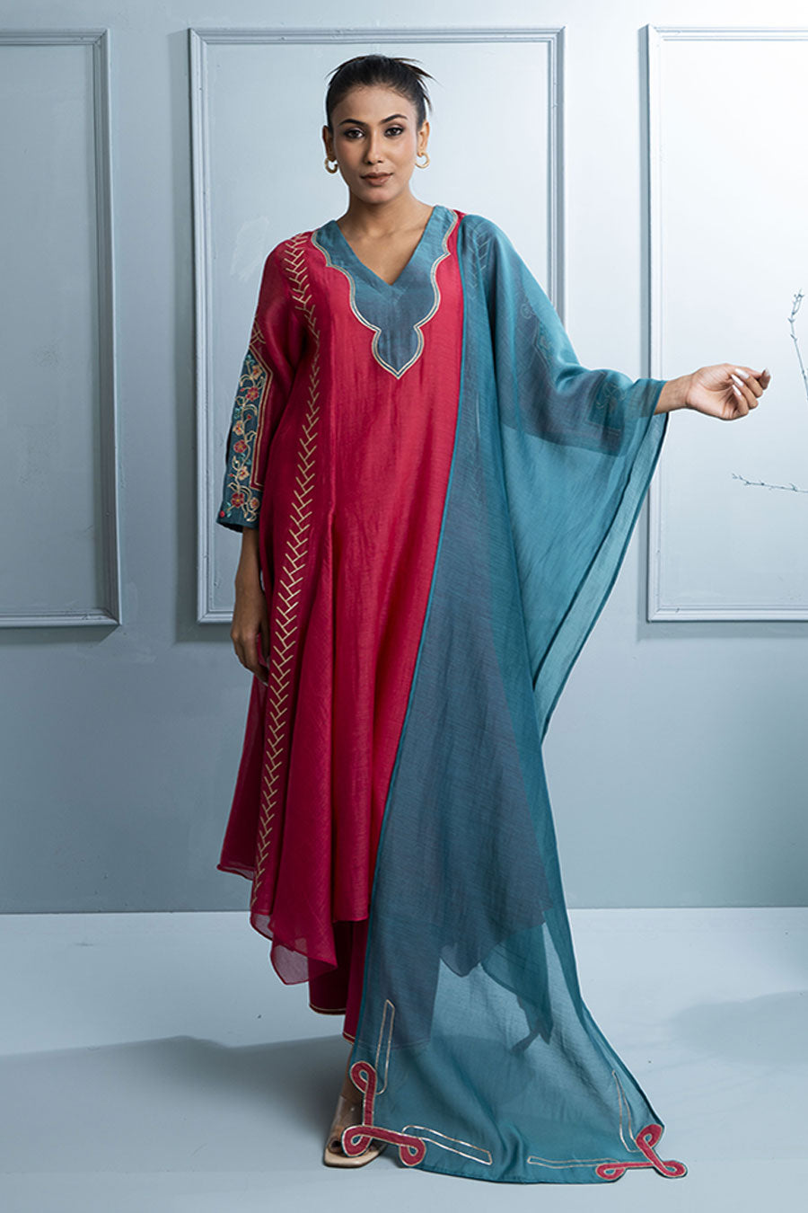 Pink & Teal Blue Kalidar Embroidered Kurta Set
