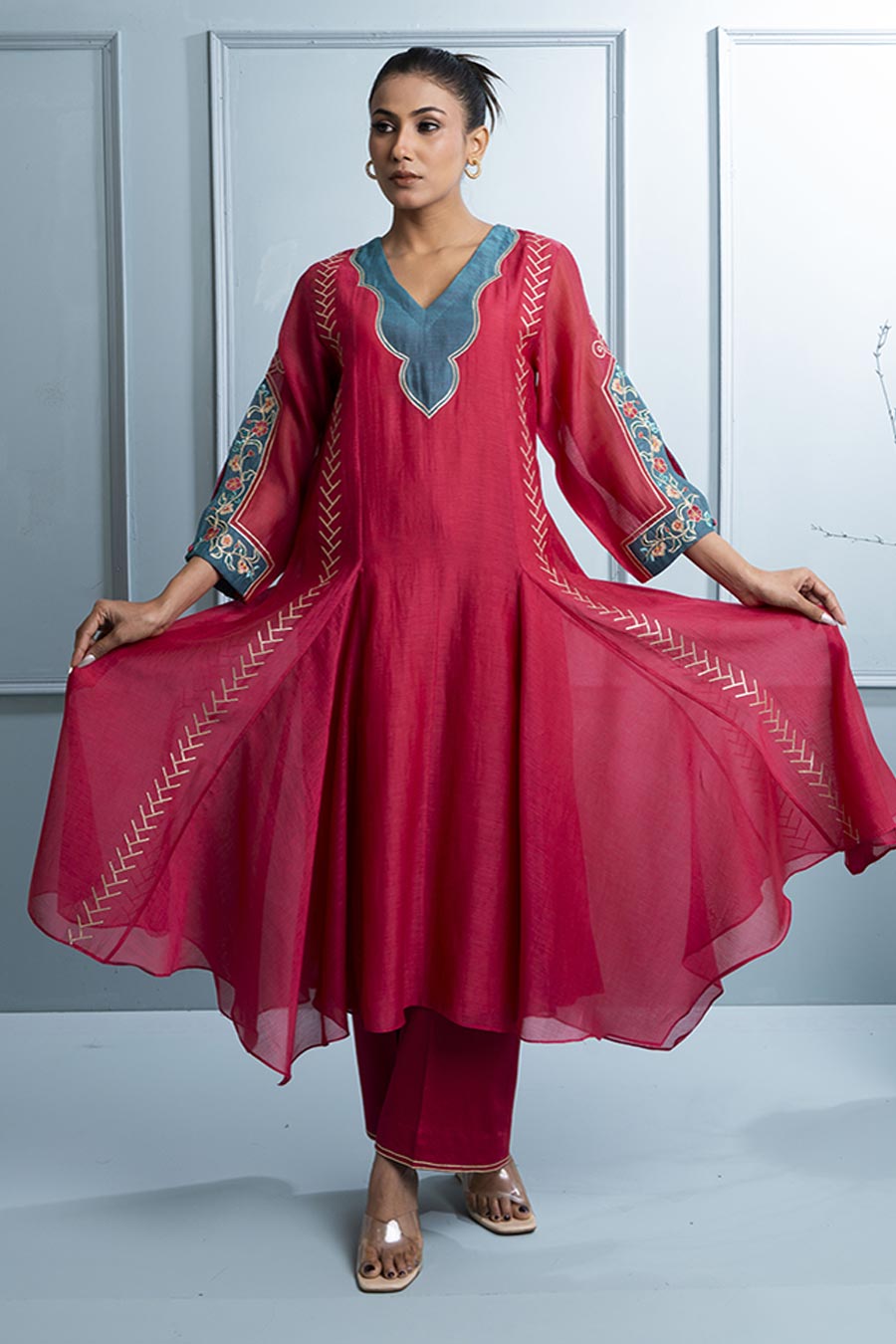 Pink & Teal Blue Kalidar Embroidered Kurta Set