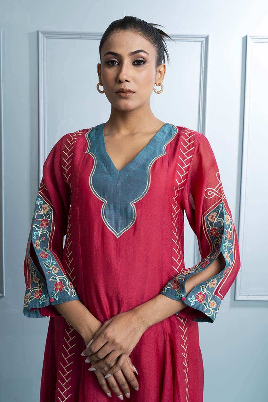 Pink & Teal Blue Kalidar Embroidered Kurta Set
