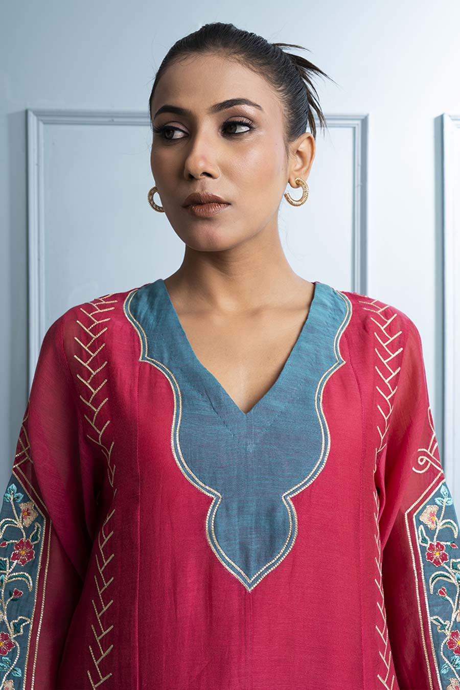 Pink & Teal Blue Kalidar Embroidered Kurta Set