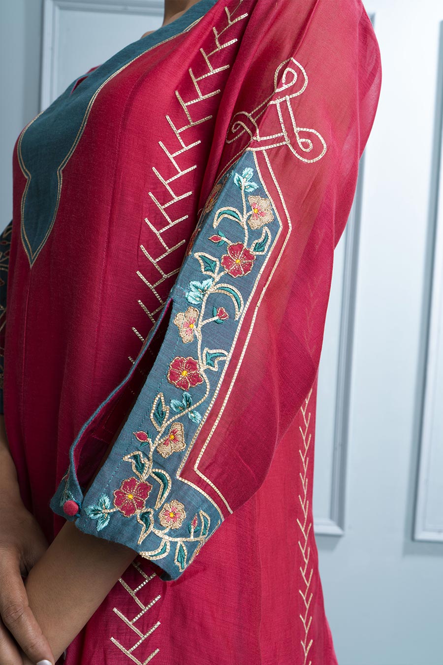Pink & Teal Blue Kalidar Embroidered Kurta Set