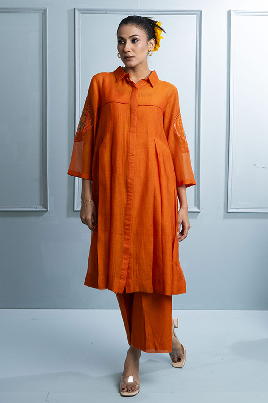 Orange Pleated Embroidered Tunic & Pant Co-Ord Set
