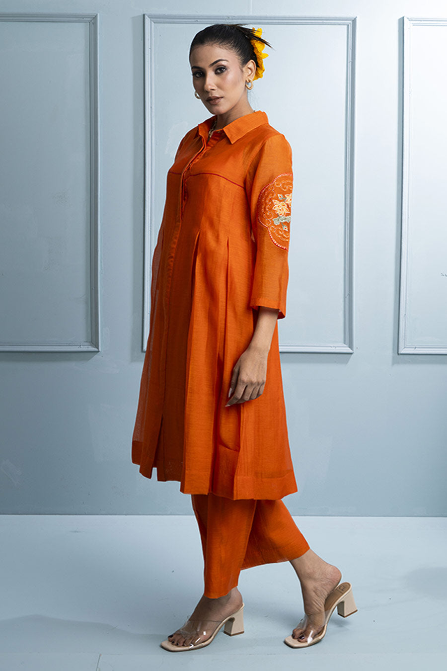 Orange Pleated Embroidered Tunic & Pant Co-Ord Set