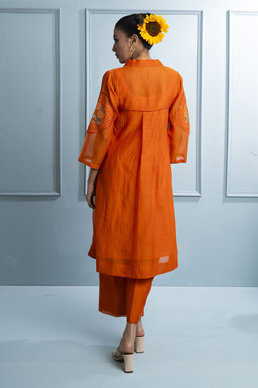 Orange Pleated Embroidered Tunic & Pant Co-Ord Set