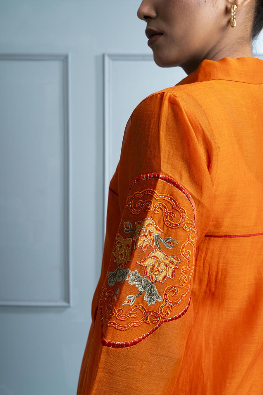 Orange Pleated Embroidered Tunic & Pant Co-Ord Set