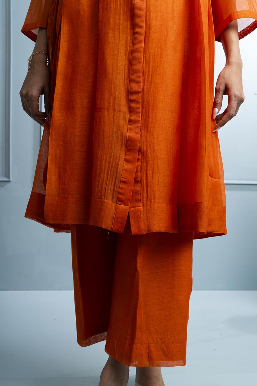 Orange Pleated Embroidered Tunic & Pant Co-Ord Set