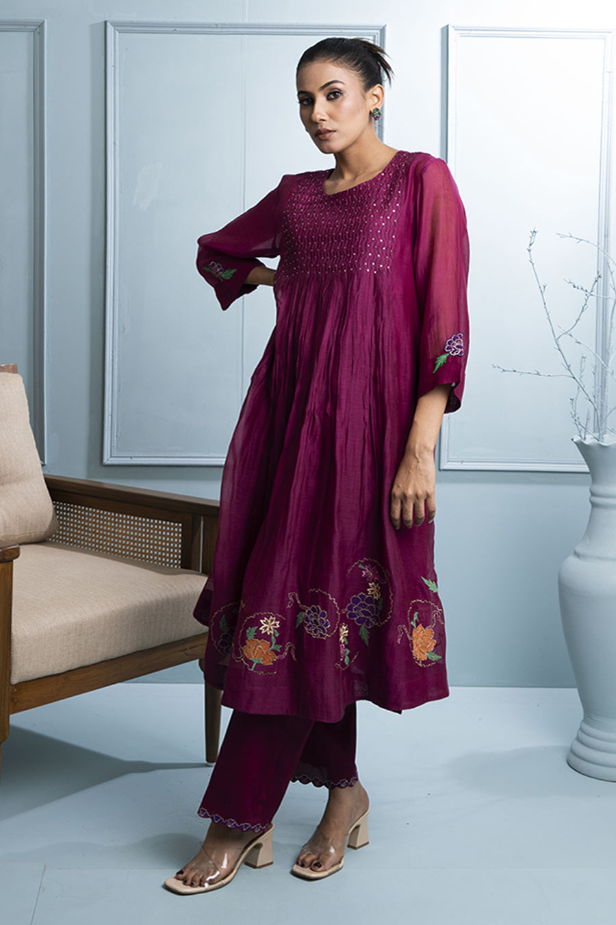 Burgundy Gathered Embroidered Kurta Set