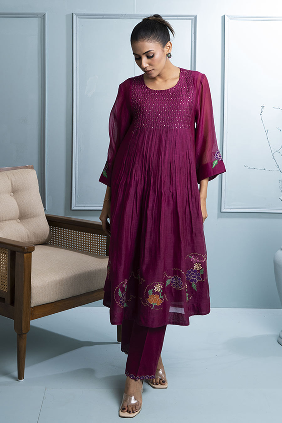 Burgundy Gathered Embroidered Kurta Set
