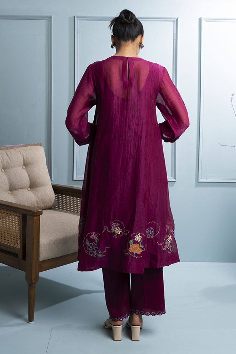 Burgundy Gathered Embroidered Kurta Set