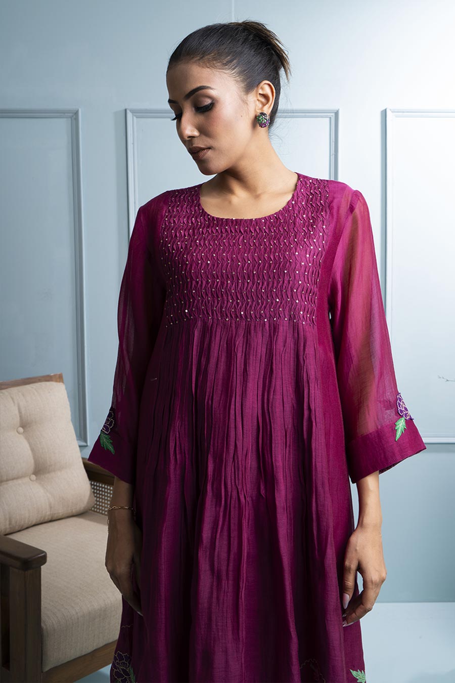 Burgundy Gathered Embroidered Kurta Set