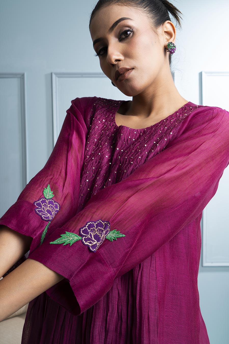 Burgundy Gathered Embroidered Kurta Set