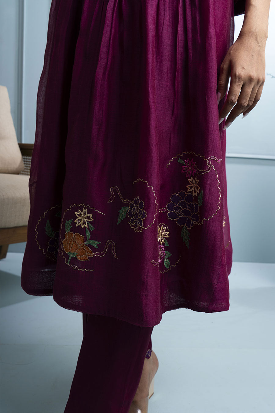 Burgundy Gathered Embroidered Kurta Set