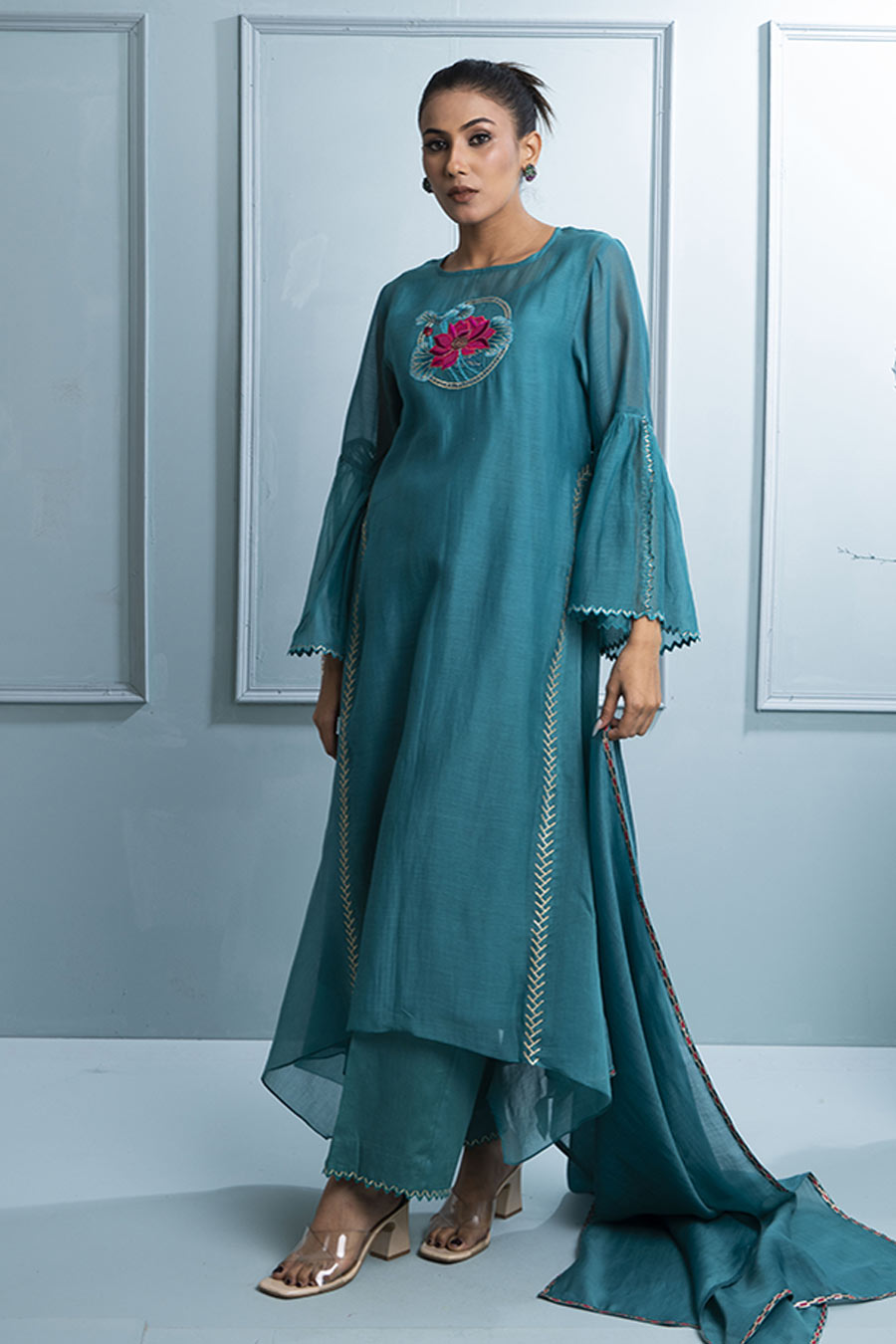 Teal Blue Asymmetric Embroidered Kurta Set