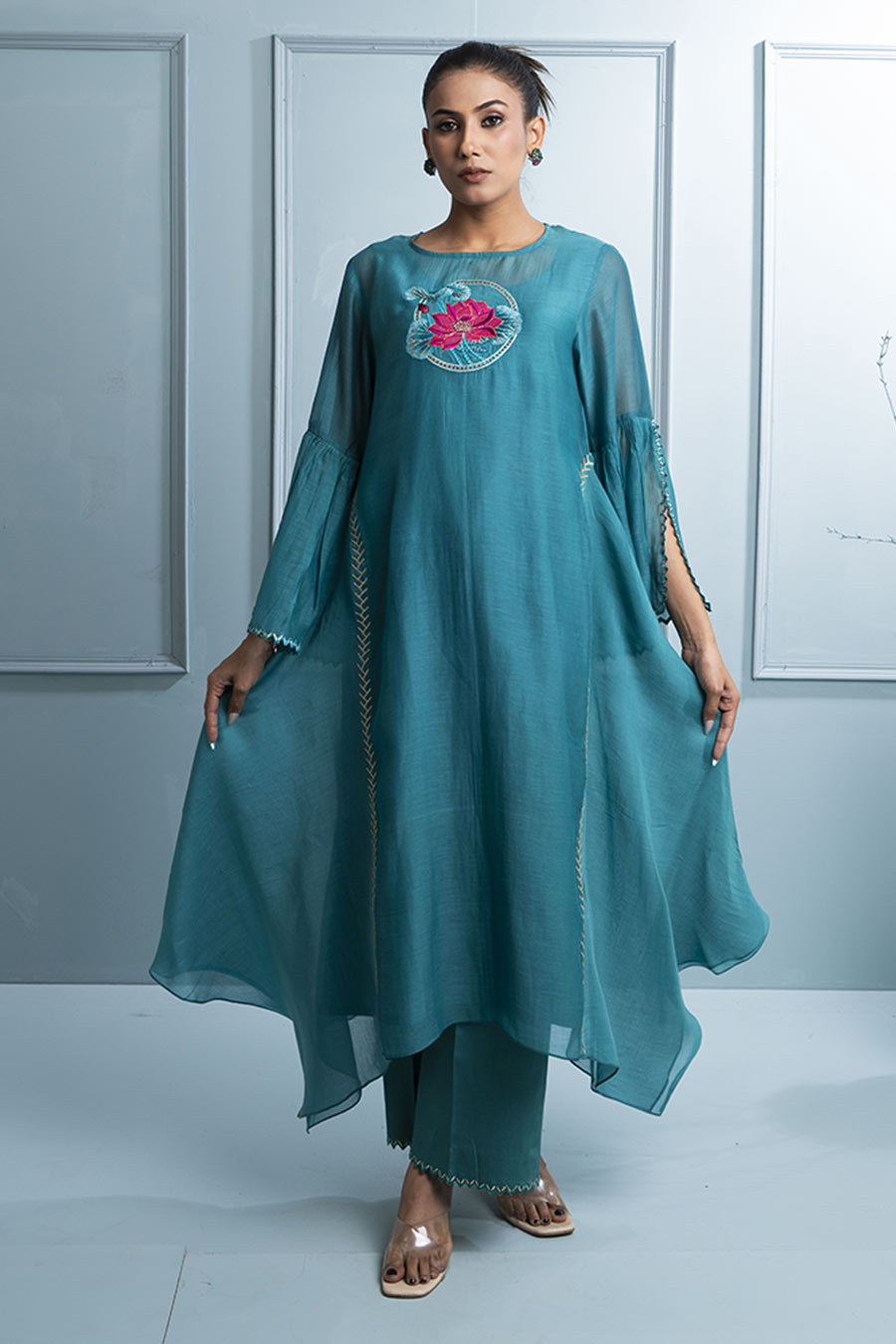 Teal Blue Asymmetric Embroidered Kurta Set