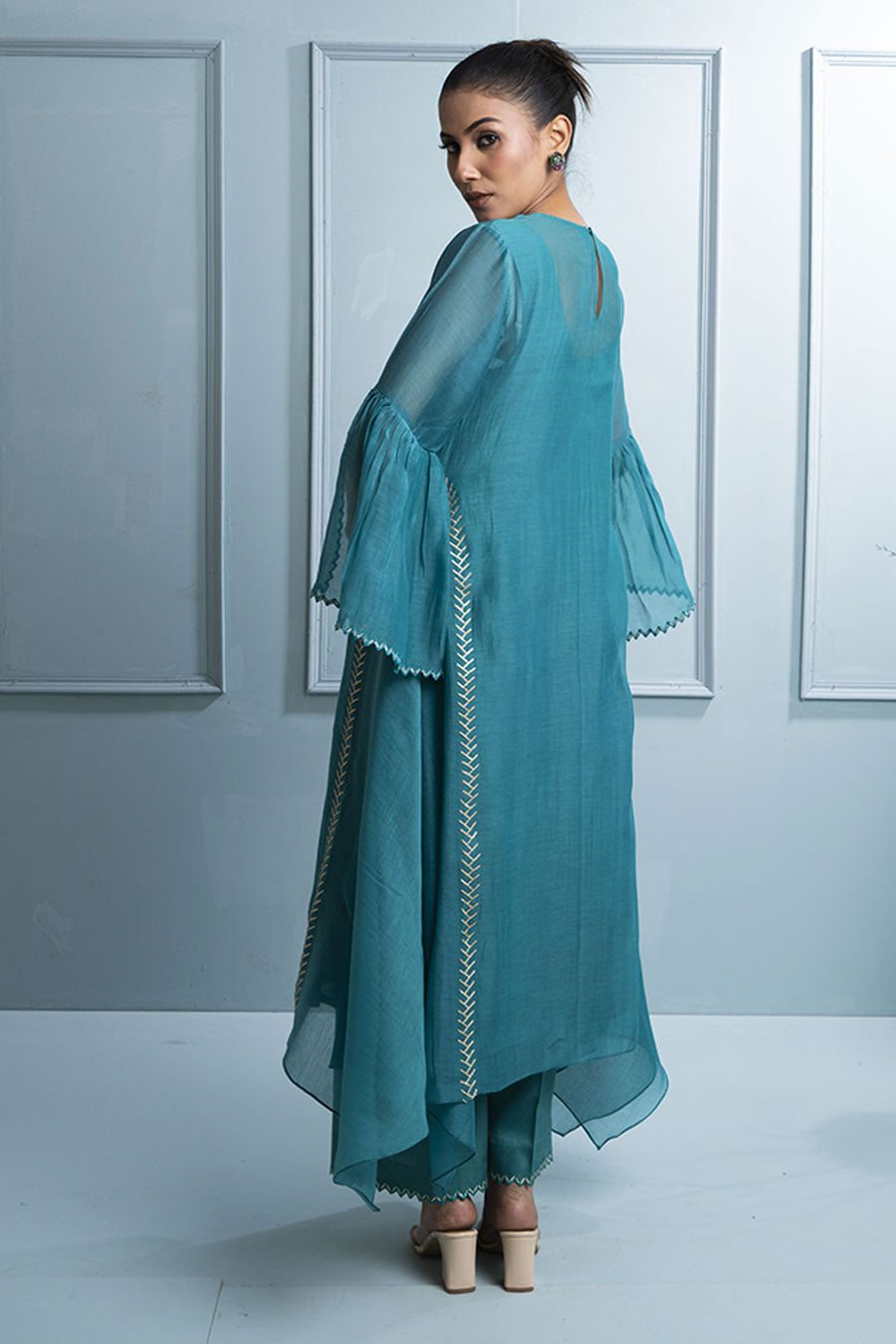 Teal Blue Asymmetric Embroidered Kurta Set