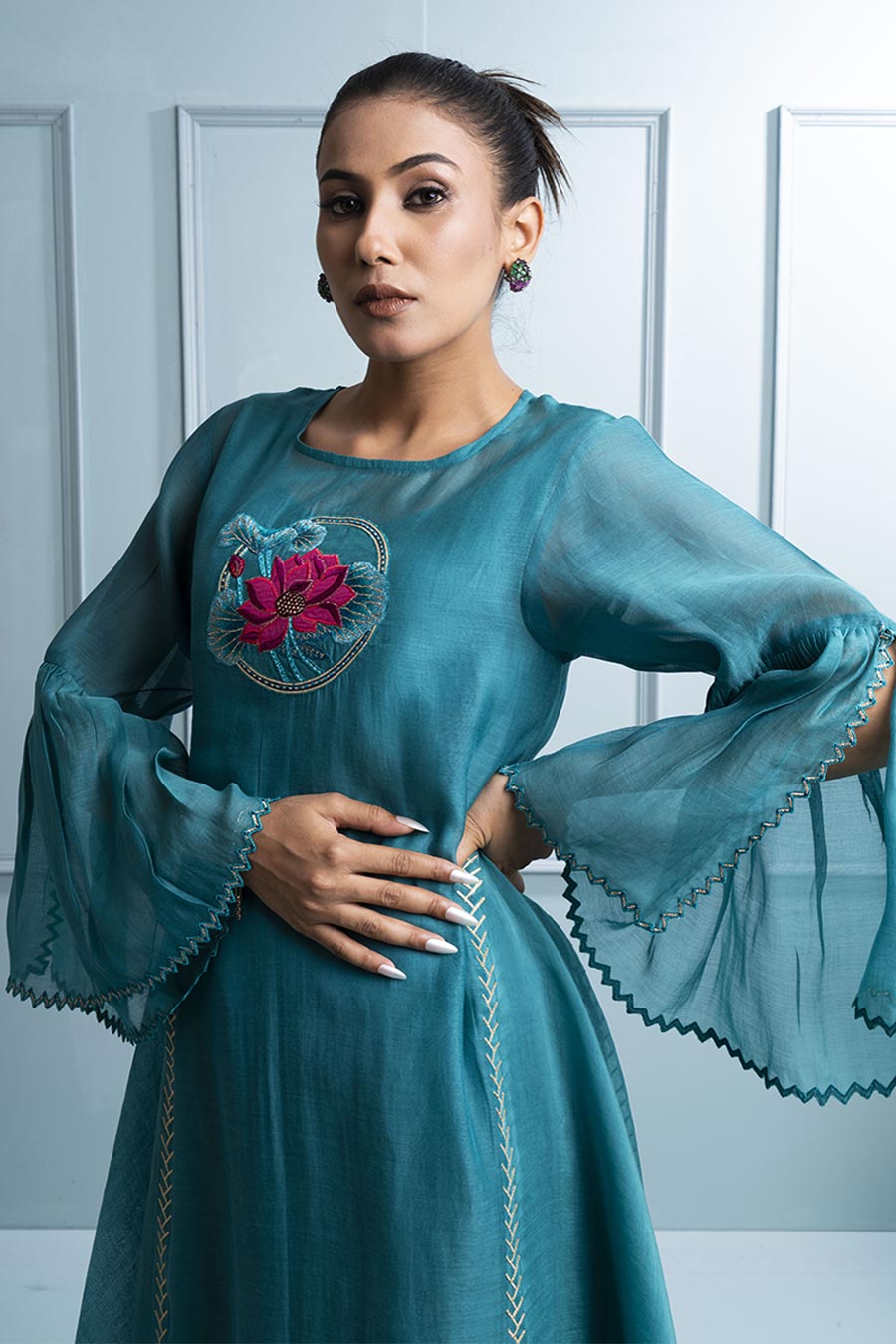 Teal Blue Asymmetric Embroidered Kurta Set