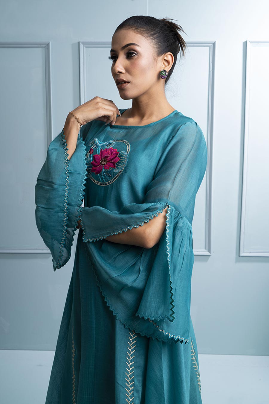 Teal Blue Asymmetric Embroidered Kurta Set