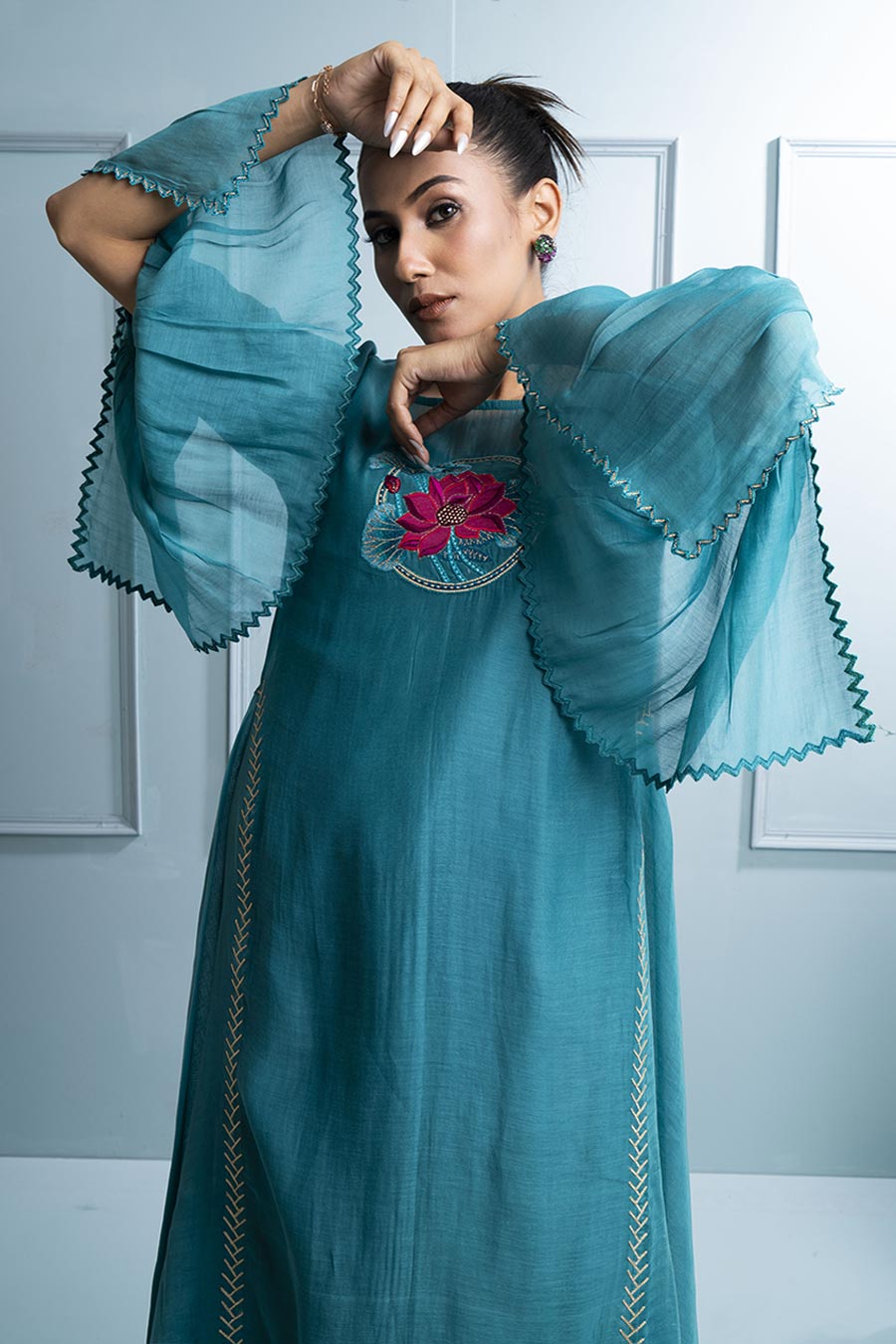 Teal Blue Asymmetric Embroidered Kurta Set