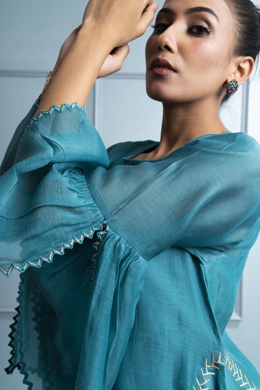 Teal Blue Asymmetric Embroidered Kurta Set
