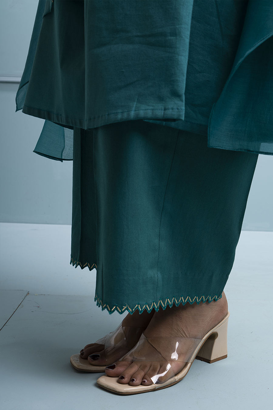 Teal Blue Asymmetric Embroidered Kurta Set